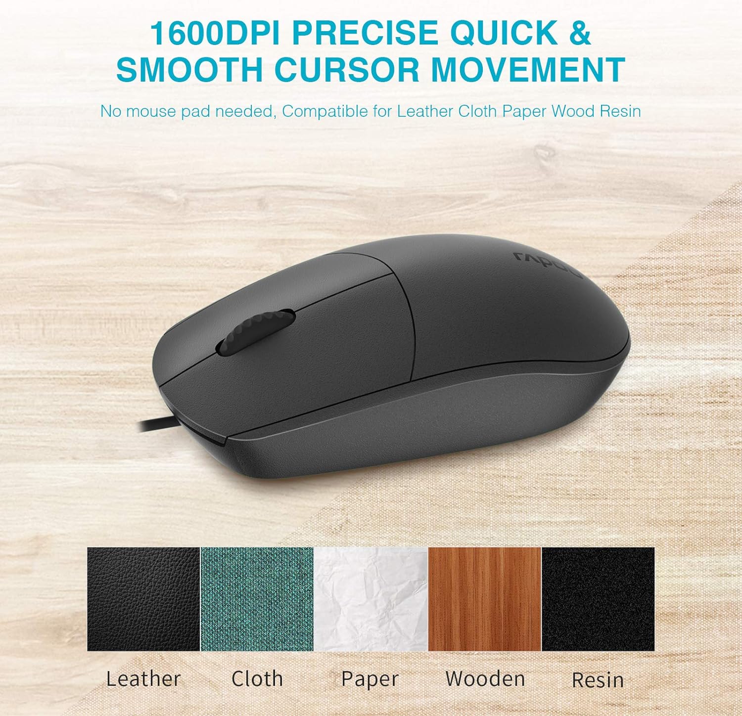 Rapoo N100 Wired Mouse, Black 3-Button USB Wired Computer Mouse for Mac PC