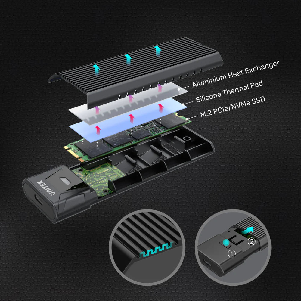 علبة UNITEK SolidForce Lite NVMe M.2 SSD - USB 3.2 الجيل الثاني (10 جيجابت في الثانية)، علبة ألومنيوم بدون أدوات، تدعم UASP، لمحركات أقراص M-Key PCIe SSD
