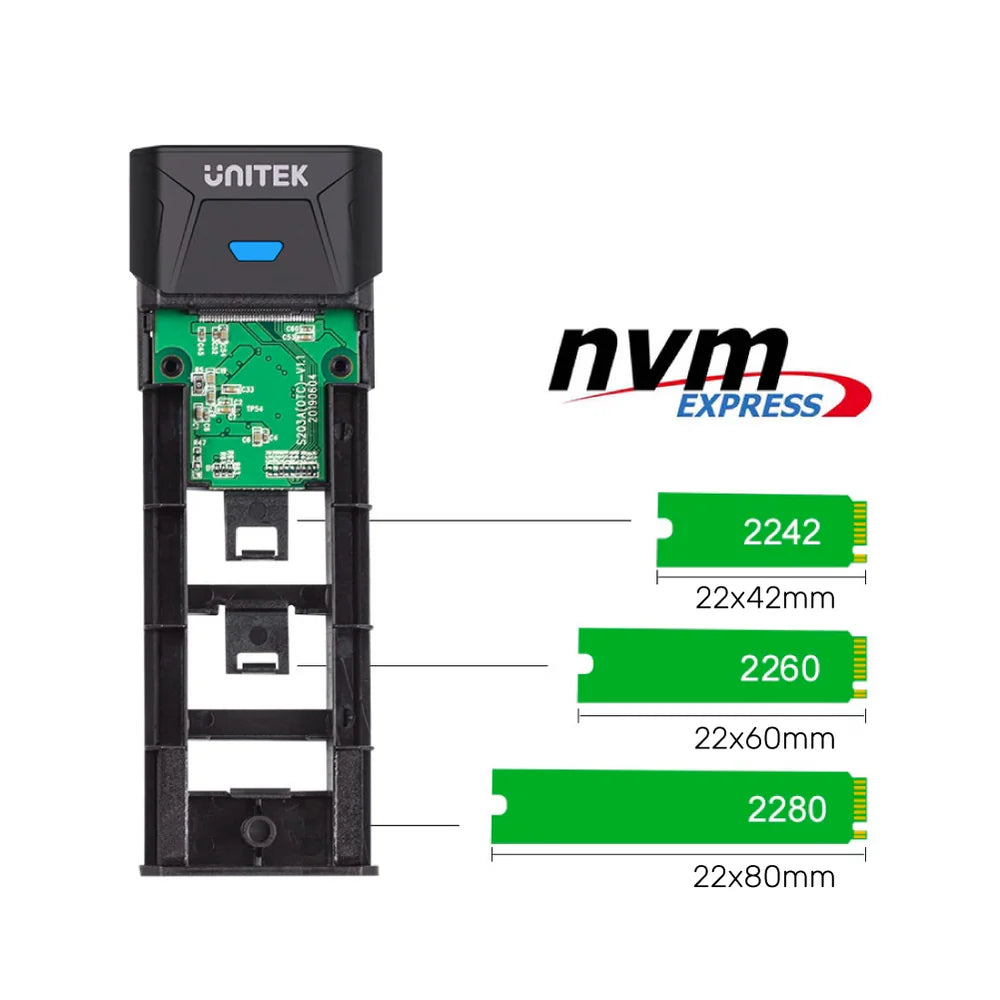 علبة UNITEK SolidForce Lite NVMe M.2 SSD - USB 3.2 الجيل الثاني (10 جيجابت في الثانية)، علبة ألومنيوم بدون أدوات، تدعم UASP، لمحركات أقراص M-Key PCIe SSD