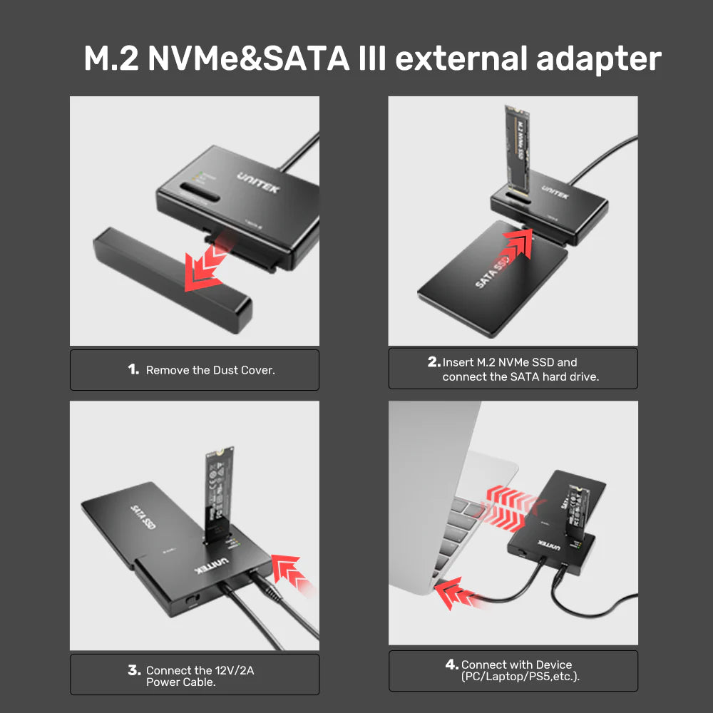 Unitek NVMe M.2 SSD Enclosure Adapter – USB-C 10 Gbps (UASP), Tool-Free NVMe & SATA Support, Hot-Swappable