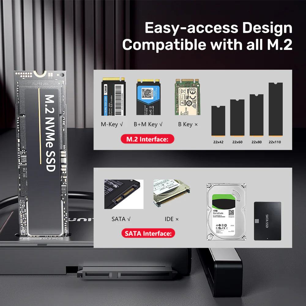 Unitek NVMe M.2 SSD Enclosure Adapter – USB-C 10 Gbps (UASP), Tool-Free NVMe & SATA Support, Hot-Swappable