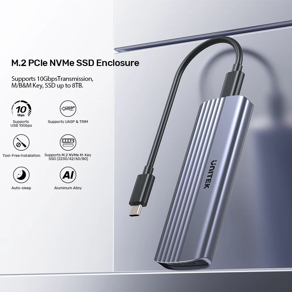 Unitek M.2 PCIe NVMe SSD Enclosure – USB-C 3.1 Gen 2 - 10Gbps Transfer Speed - Supports M-Key & B&M-Key SSDs (2230/2242/2260/2280) - Aluminum Alloy