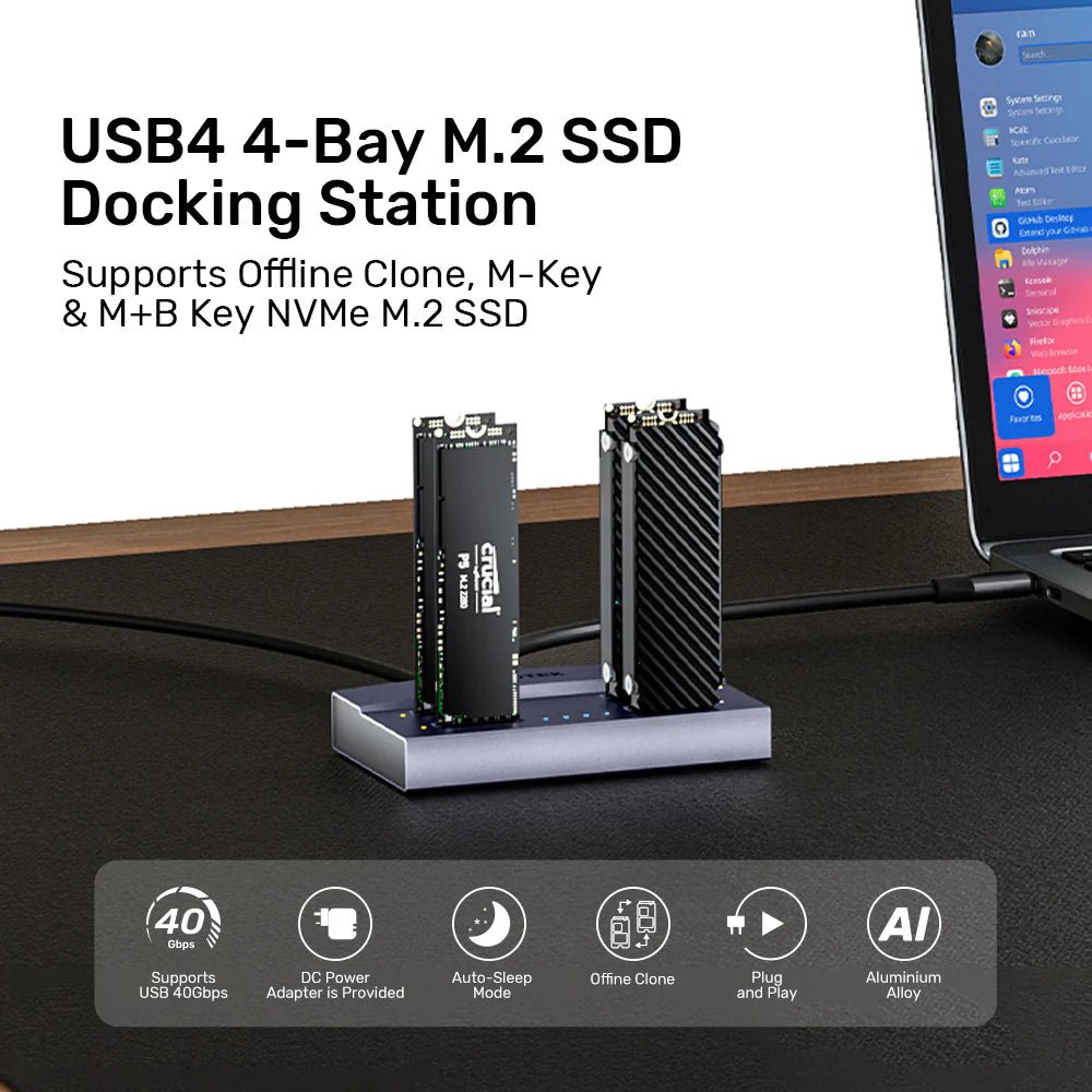 Unitek USB4 4-Bay M.2 SSD Docking Station – 40 Gbps USB4/Thunderbolt3, 1-to-3 Offline Clone, Aluminum, 32 TB Support