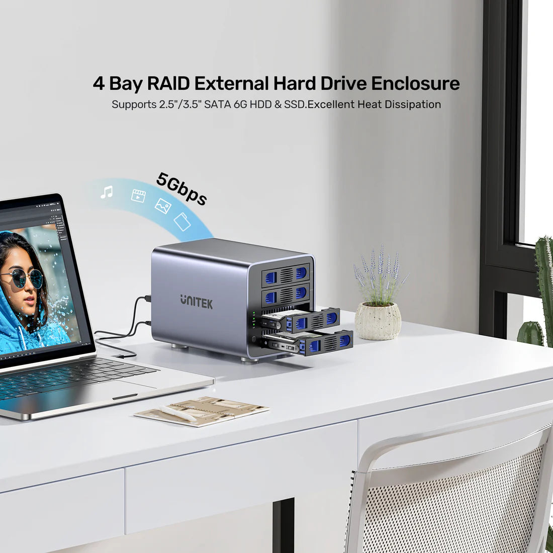Unitek 4-Bay RAID External Hard Drive Enclosure – USB 3.0 (5 Gbps) & eSATA Support, 8 RAID Modes, Aluminum, 80 TB, Cooling Fan