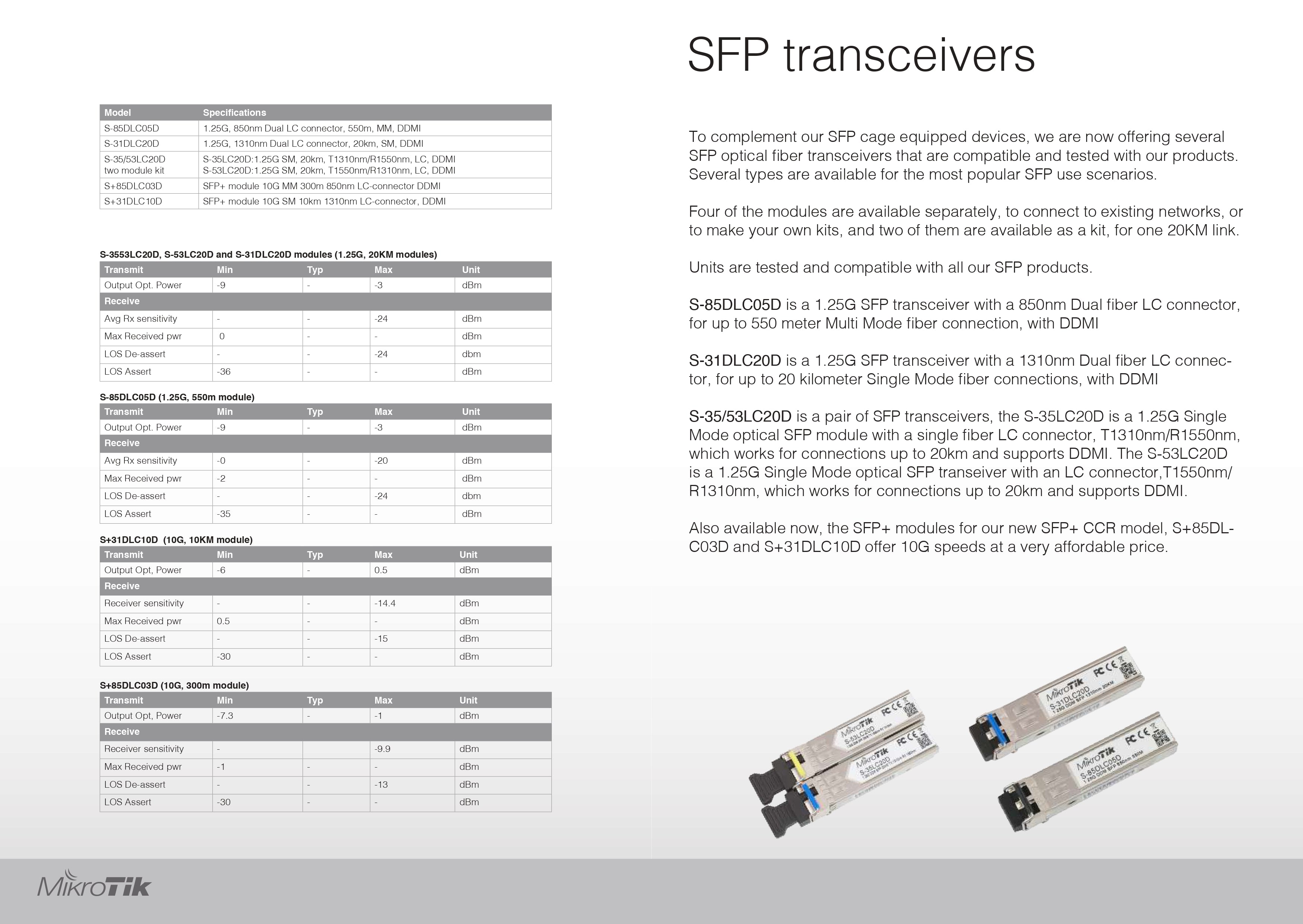 MikroTik S-35/53LC20D SFP Transceiver Kit, 1.25G Single Mode, 20km, T1310/R1550 & T1550/R1310 LC, DDMI, One-Fiber Bi-Directional Pair