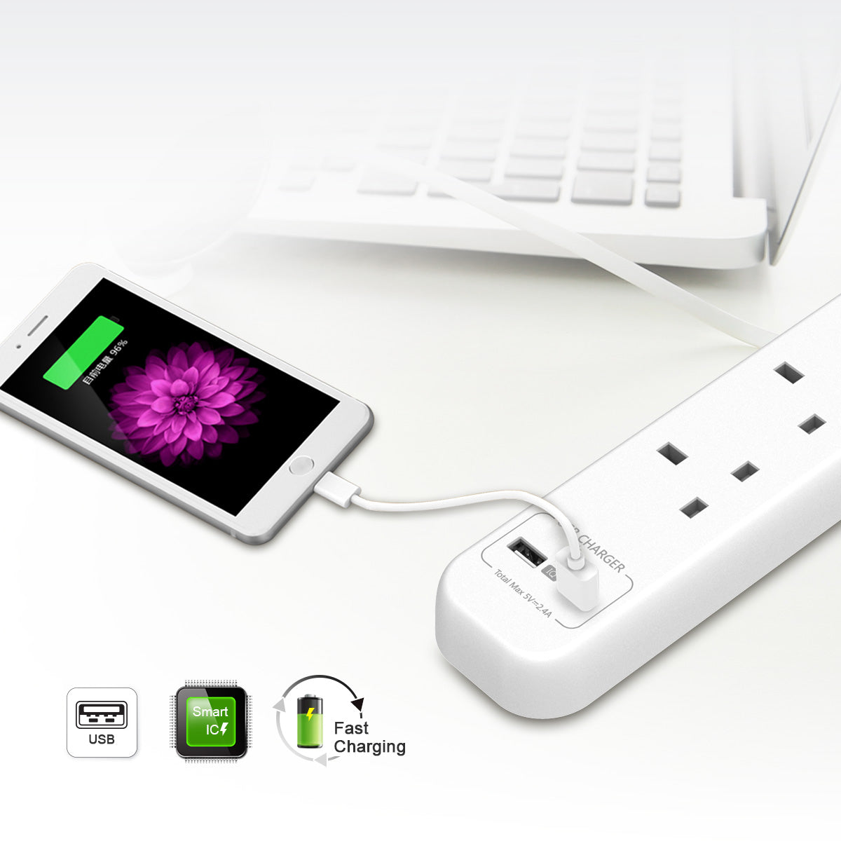 شريط طاقة هانتكي SUC507: 4 منافذ المملكة المتحدة، منفذا USB (2.4 أمبير)، حماية من زيادة التيار، مصاريع أمان للأطفال، مقاوم للهب، سلك بطول 2 متر