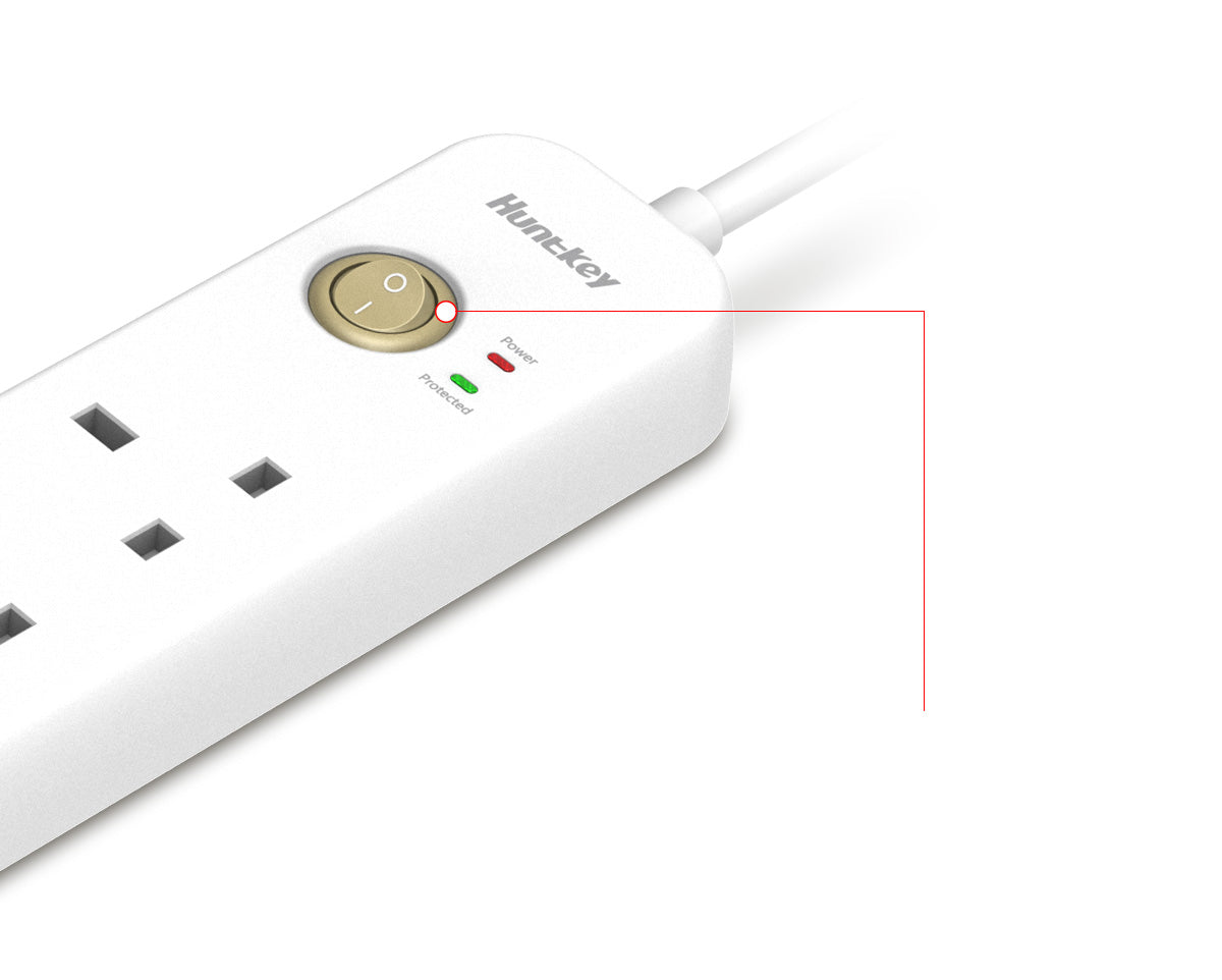 شريط طاقة هانتكي SUC507: 4 منافذ المملكة المتحدة، منفذا USB (2.4 أمبير)، حماية من زيادة التيار، مصاريع أمان للأطفال، مقاوم للهب، سلك بطول 2 متر