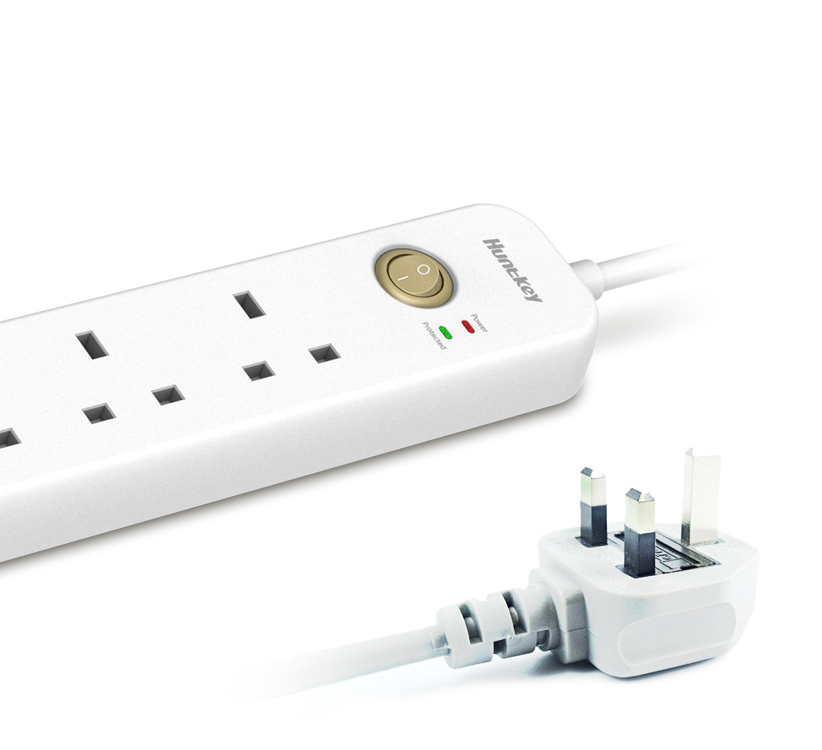 شريط طاقة هانتكي SUC507: 4 منافذ المملكة المتحدة، منفذا USB (2.4 أمبير)، حماية من زيادة التيار، مصاريع أمان للأطفال، مقاوم للهب، سلك بطول 2 متر