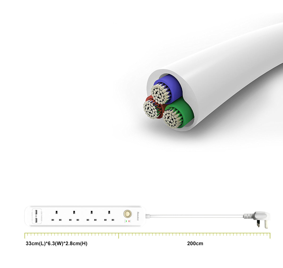 شريط طاقة هانتكي SUC507: 4 منافذ المملكة المتحدة، منفذا USB (2.4 أمبير)، حماية من زيادة التيار، مصاريع أمان للأطفال، مقاوم للهب، سلك بطول 2 متر