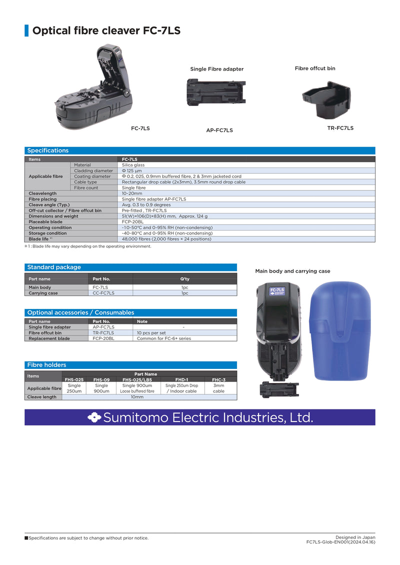 Sumitomo FC-7LS Optical Fiber Cleaver, Easy One-Hand Operation, Lightweight, High Precision Blade, for Single Fiber and Drop Cable