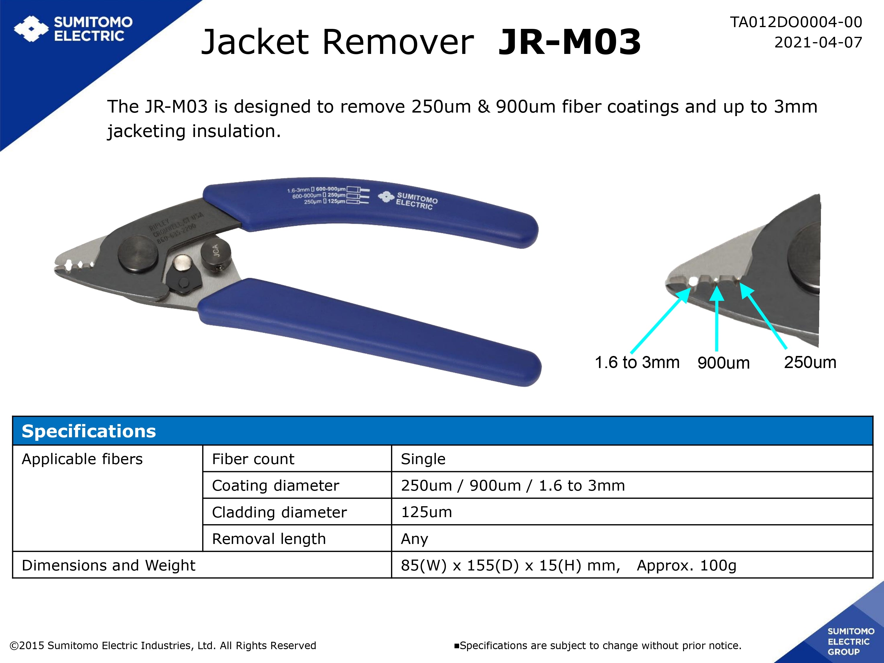 Sumitomo JR-M03 Fiber Jacket Remover, Strips 250µm, 900µm Coatings and 1.6–3mm Jackets, Lightweight Hand Tool for Single Fiber