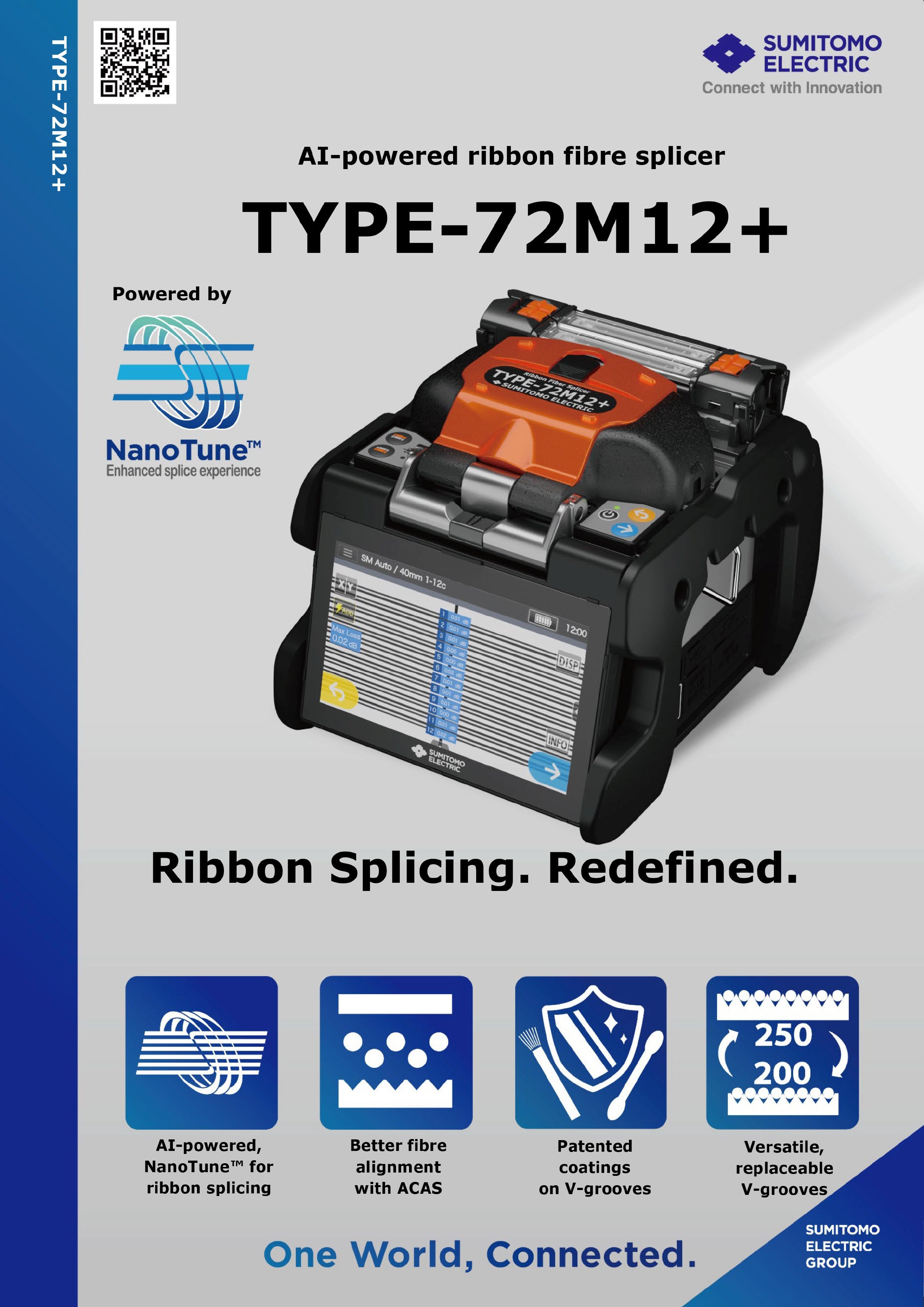 Sumitomo TYPE-72M12+ AI-Powered Ribbon Fiber Splicer, 1-12 Core, NanoTune Core Alignment, Dual Heaters, Touchscreen, Replaceable V-Grooves, Fast Splice and Heat