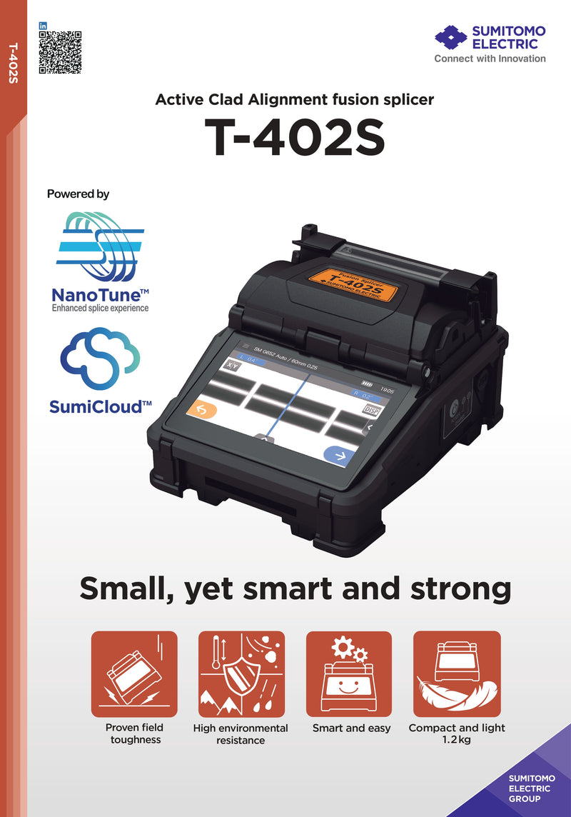 Sumitomo Electric T-402S Fusion Splicer, Active Clad Alignment, NanoTune, SumiCloud, Rugged, Lightweight 1.2kg, 4.3" LCD Display