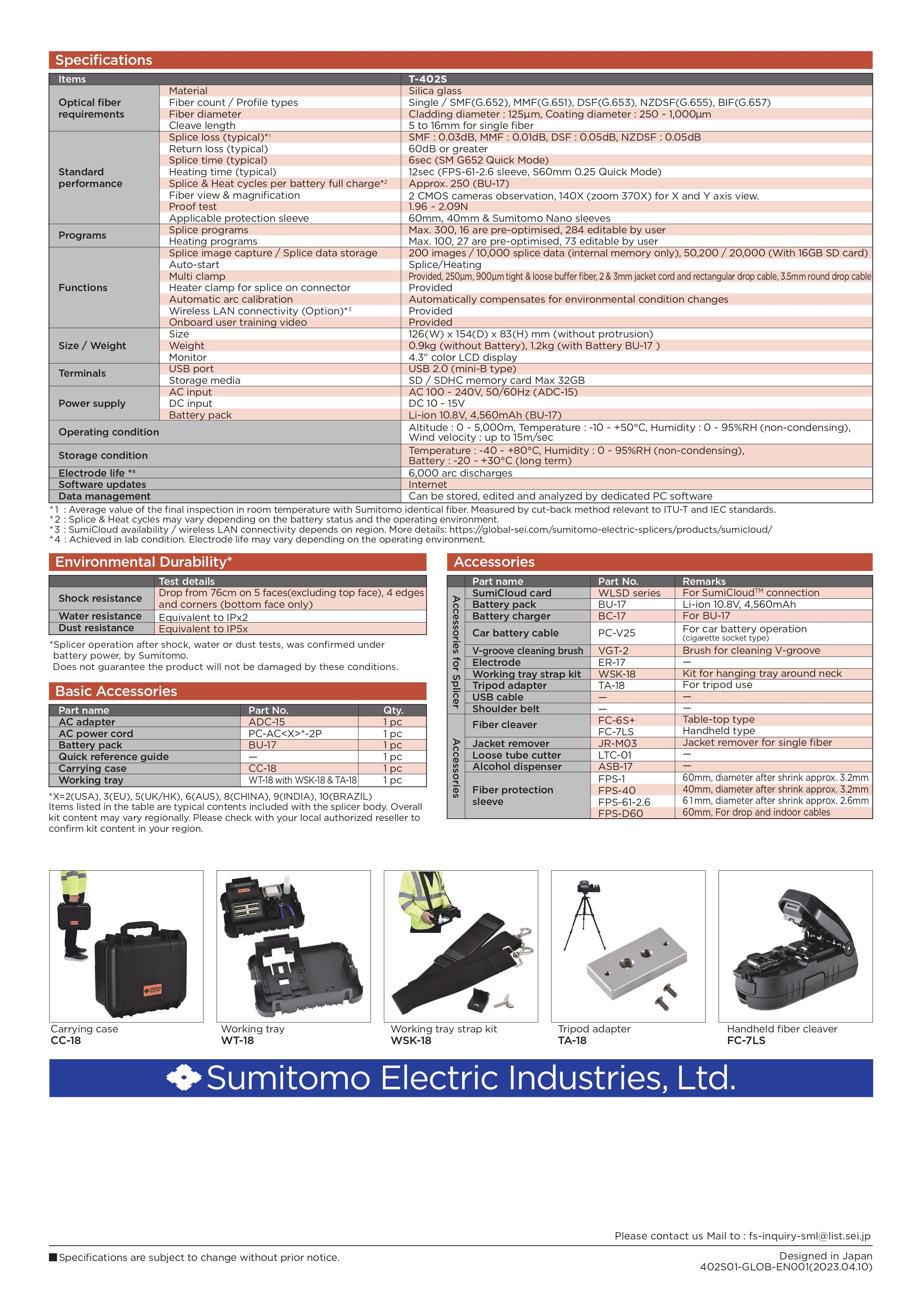 Sumitomo Electric T-402S Fusion Splicer, Active Clad Alignment, NanoTune, SumiCloud, Rugged, Lightweight 1.2kg, 4.3" LCD Display