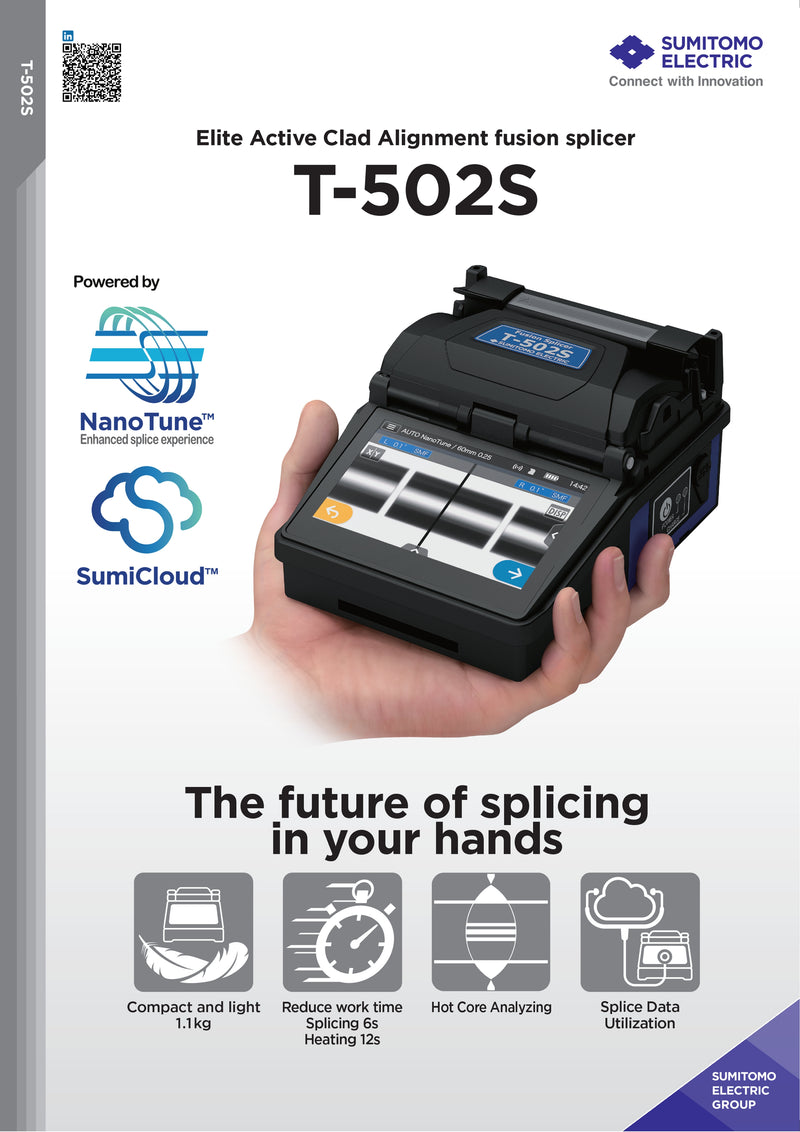 Sumitomo Electric T-502S Fusion Splicer with NanoTune and SumiCloud, Compact and High Precision Fiber Optic Splicing Tool