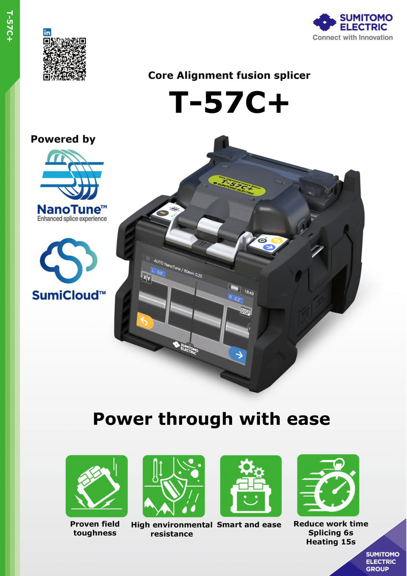 Sumitomo Electric T-57C+ Fusion Splicer with NanoTune, High-Precision Fiber Optic Splicing Tool, Touchscreen, Built-in Wireless LAN