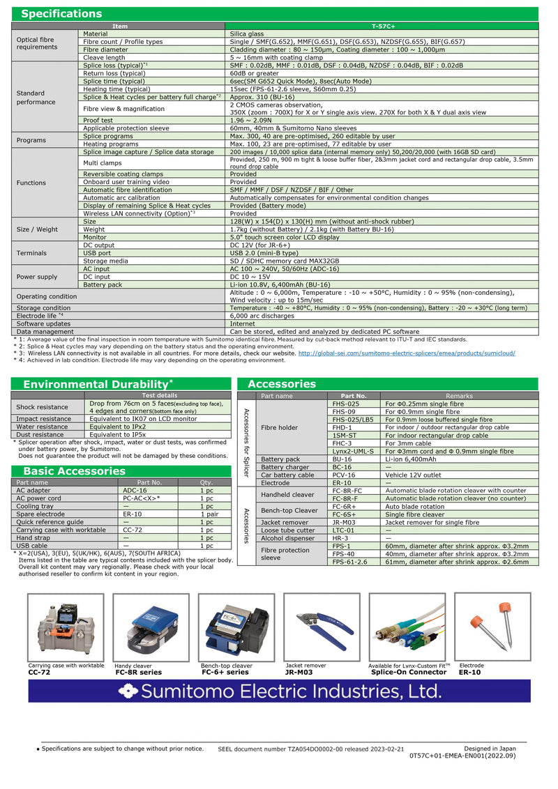 Sumitomo Electric T-57C+ Fusion Splicer with NanoTune, High-Precision Fiber Optic Splicing Tool, Touchscreen, Built-in Wireless LAN