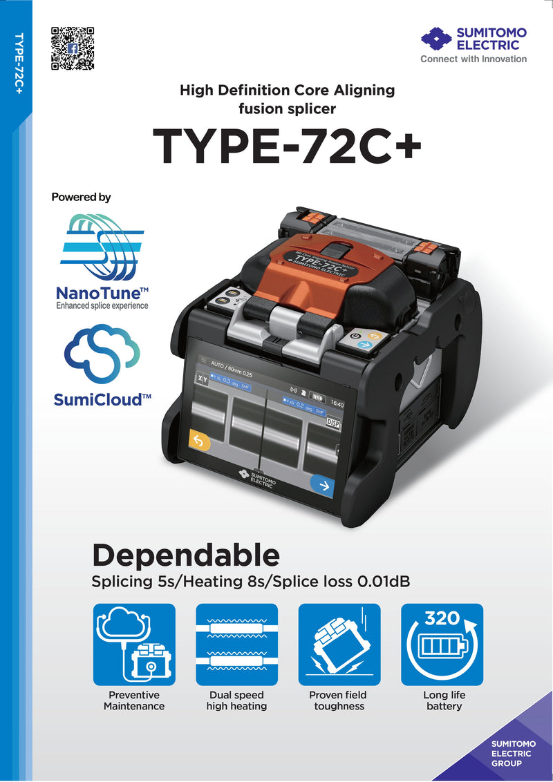 Sumitomo Electric TYPE-72C+ High-Precision Fusion Splicer with Dual Ovens, Touchscreen, Automatic Fiber ID, and SumiCloud Connectivity