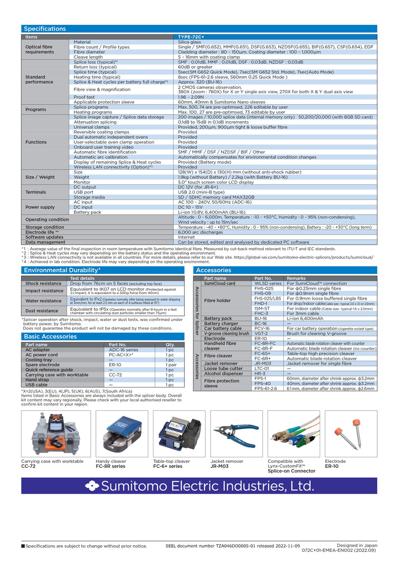 Sumitomo Electric TYPE-72C+ High-Precision Fusion Splicer with Dual Ovens, Touchscreen, Automatic Fiber ID, and SumiCloud Connectivity