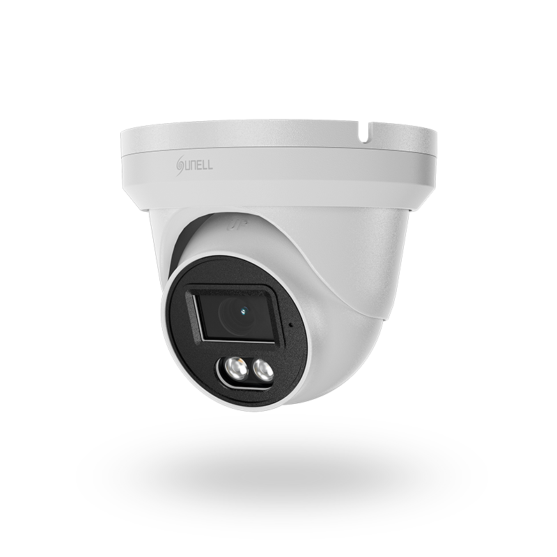 كاميرا SUNELL 8MP Dome Smart Turret IP، عدسة 2.8 مم، إضاءة IR وإضاءة دافئة 30 مترًا، كشف الوجه والسيارة، ميكروفون، PoE، فتحة SD، IP66