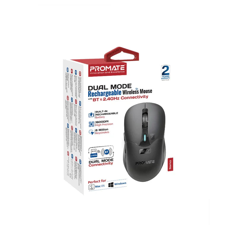 Promate Samo Dual Mode Rechargeable Wireless Mouse with BT & RF Connectivity