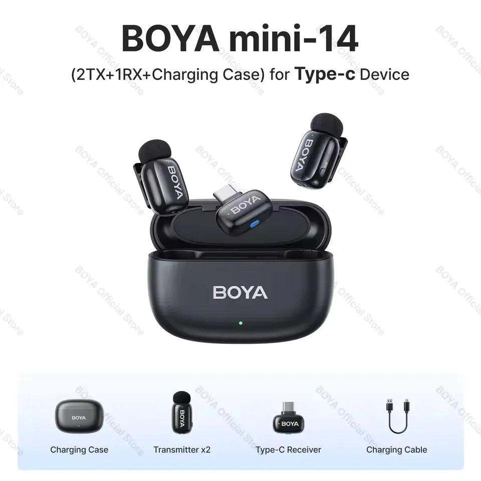 BOYA Mini 14 Dual Wireless Microphone – Type‑C Receiver, 3‑Level AI Noise Cancellation, 3 Voice Modes, 48 kHz/16‑bit, 100 m Range, 30 h Battery with Charging Case