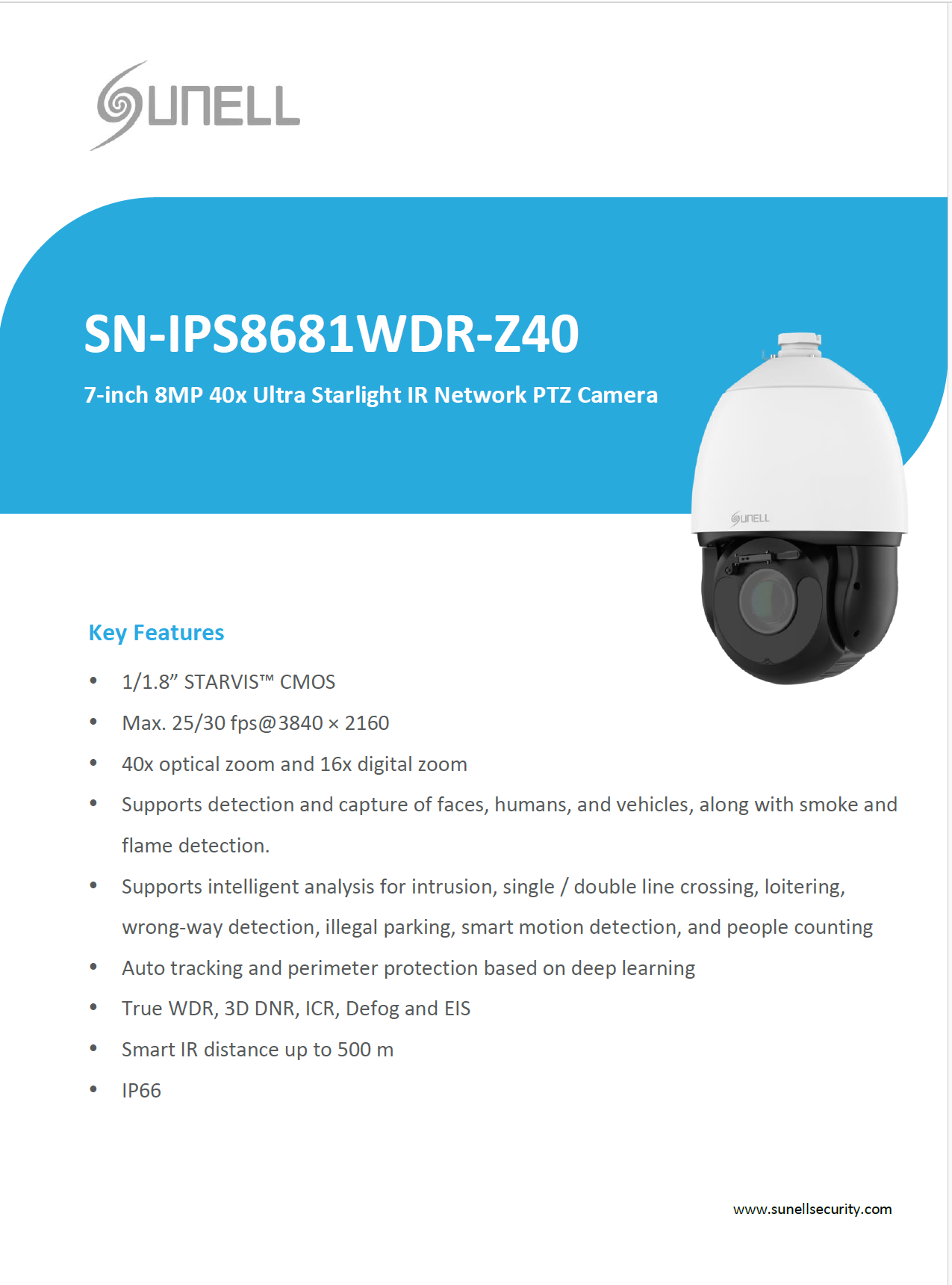 كاميرا Sunell 8MP 40x Starlight IR PTZ مع كشف الذكاء الاصطناعي ونطاق الأشعة تحت الحمراء 500 متر