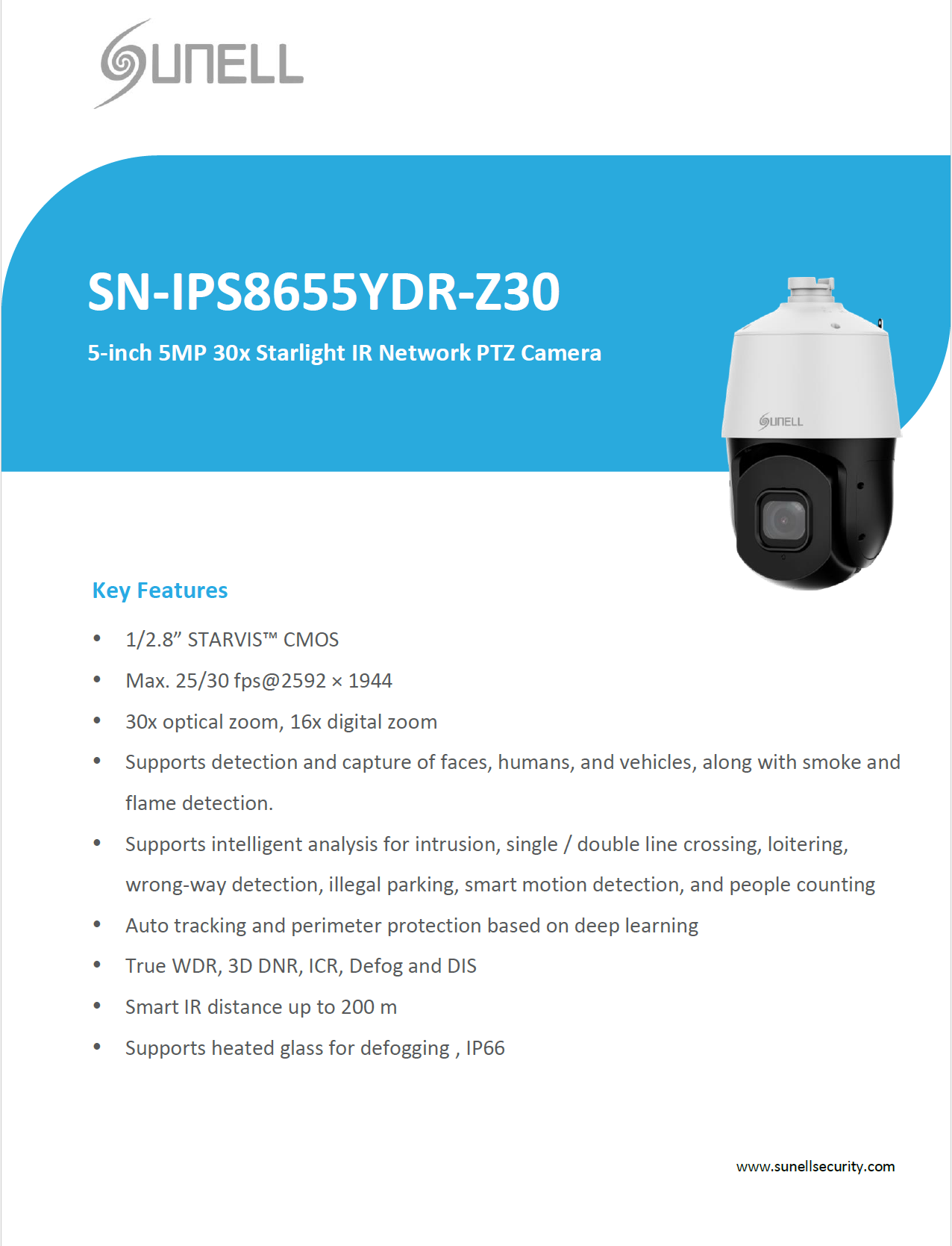 كاميرا Sunell 5MP 30x Starlight IR PTZ مع كشف الذكاء الاصطناعي ونطاق الأشعة تحت الحمراء 200 متر