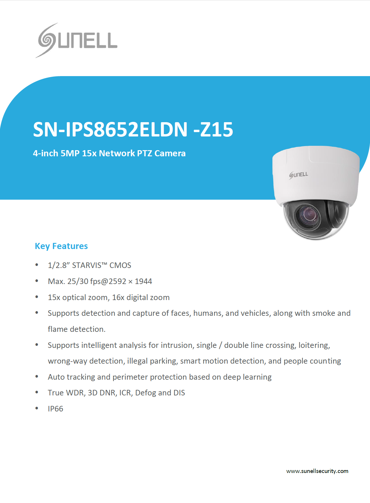 كاميرا Sunell 5MP 15x Starlight IR PTZ مع كشف الذكاء الاصطناعي ونطاق الأشعة تحت الحمراء 200 متر