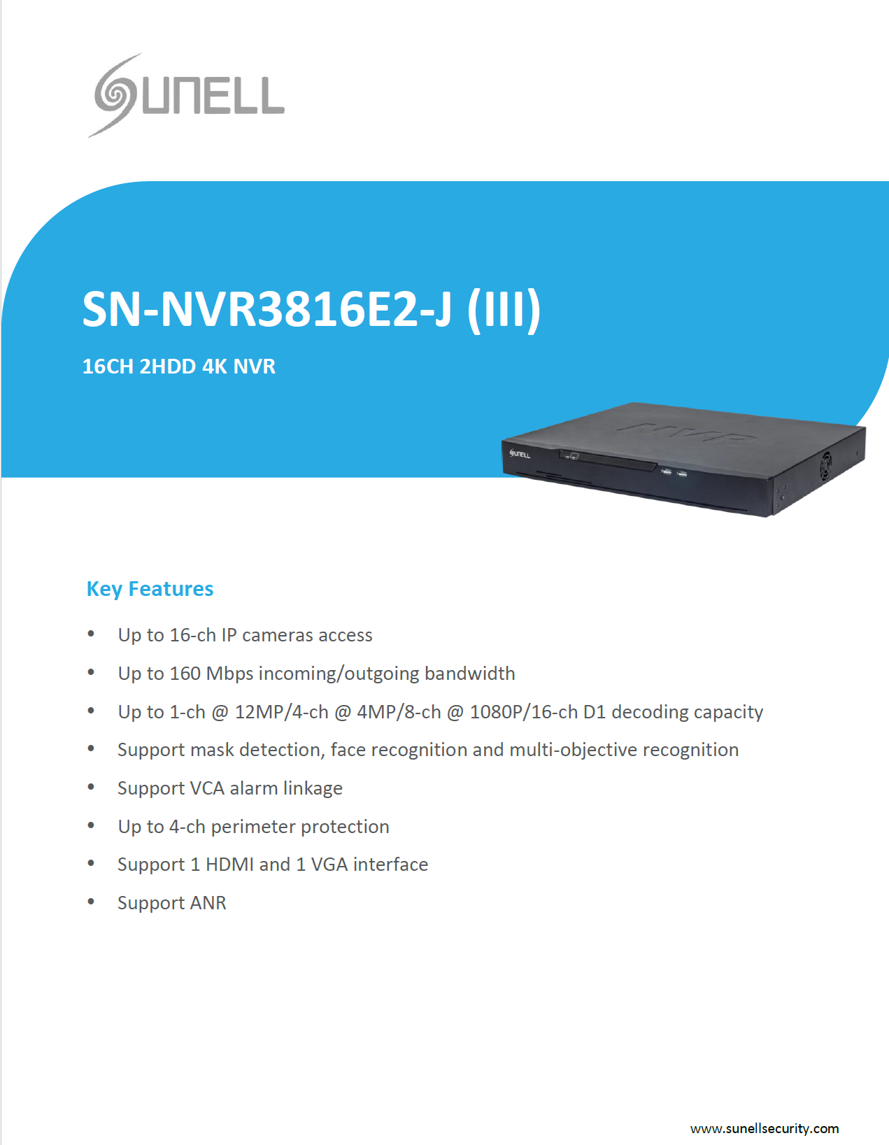 مسجل فيديو رقمي شبكي Sunell 4K AI مزود بـ 16 قناة مع تسجيل بدقة 12 ميجابكسل واكتشاف ذكي