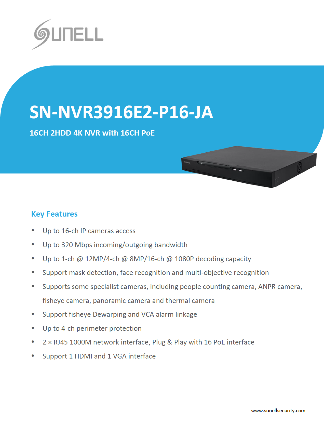 مسجل فيديو رقمي شبكي Sunell 4K PoE مزود بـ 16 قناة مع نطاق ترددي 320 ميجابت في الثانية وفك تشفير بدقة 12 ميجابكسل