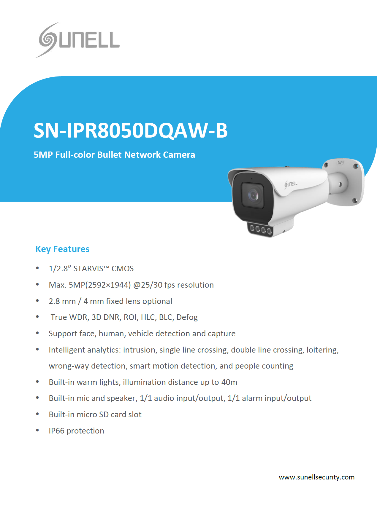 كاميرا Sunell 5MP Starlight Bullet Network Camera كاملة الألوان مع اكتشاف الذكاء الاصطناعي والإضاءة المزدوجة الذكية