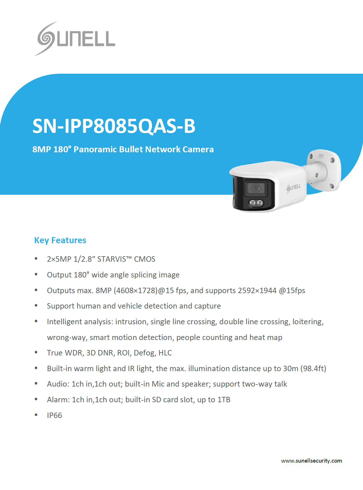 كاميرا Sunell 8MP Panoramic 180° شبكية رصاصية مع كشف الذكاء الاصطناعي وإضاءة مزدوجة ذكية