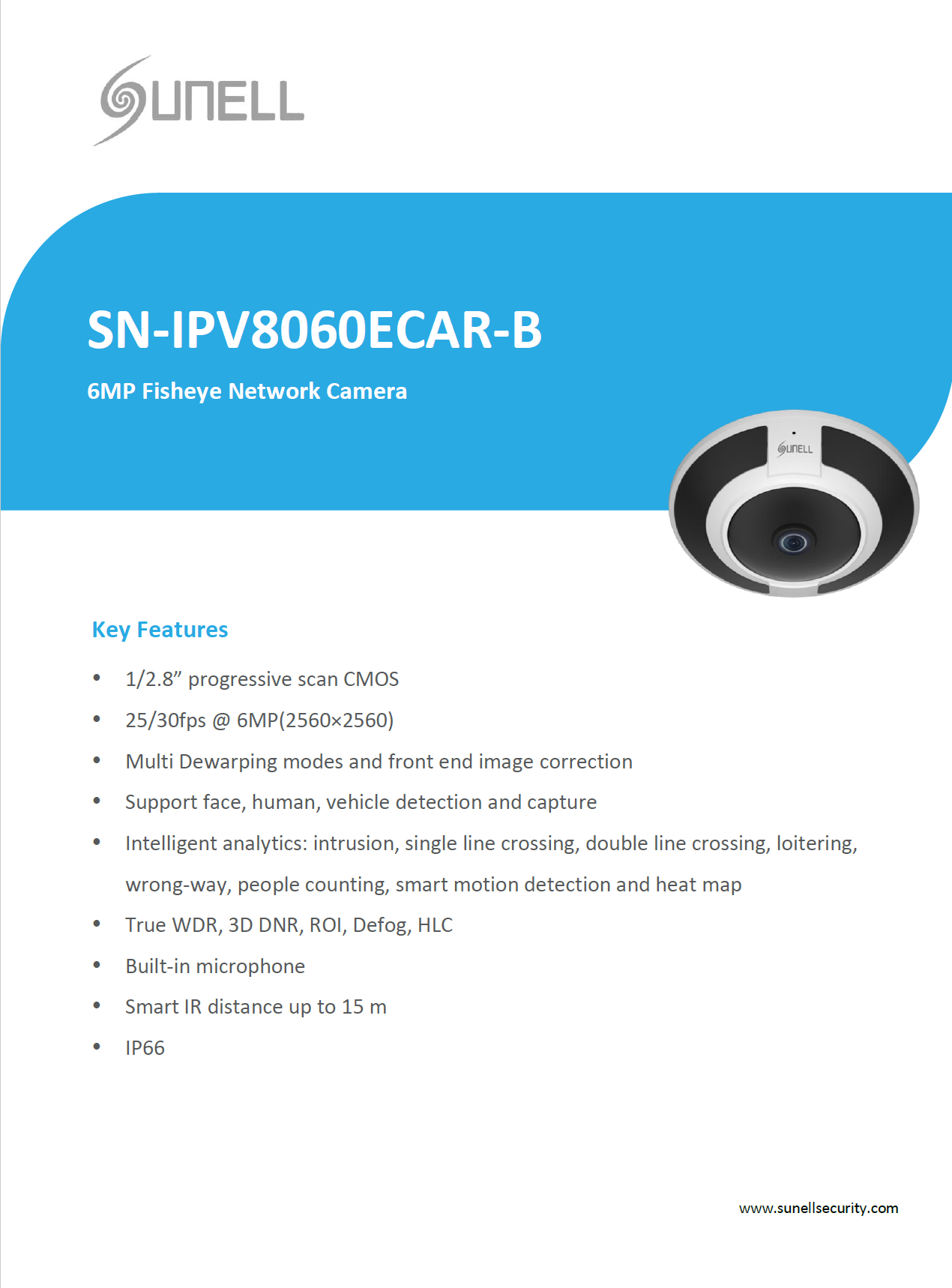 كاميرا Sunell 6MP Fisheye Network مع خاصية الكشف بالذكاء الاصطناعي وأوضاع إزالة التشوه المتعددة