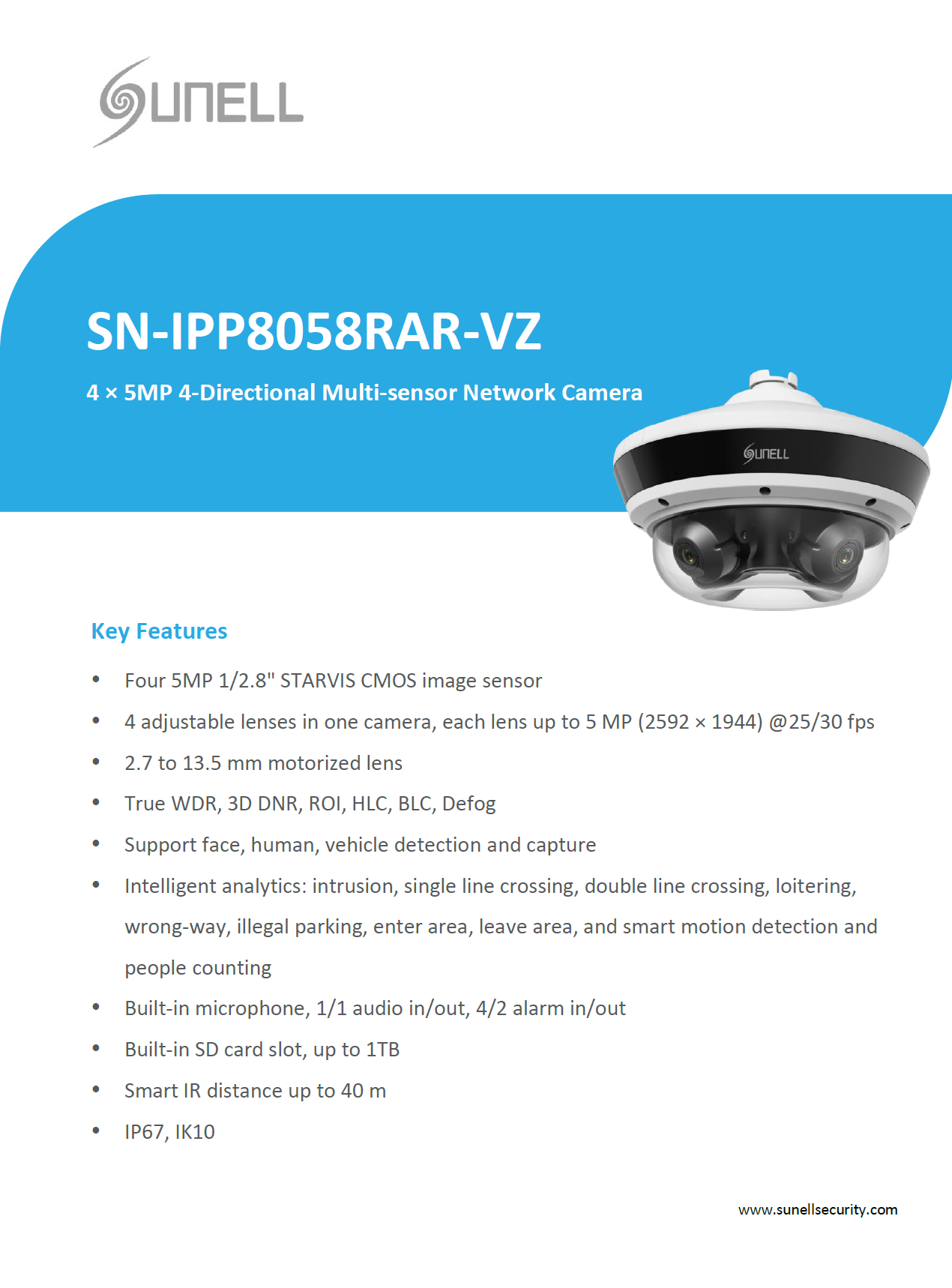 كاميرا Sunell SN-IPP8058RAR-VZ شبكية متعددة المستشعرات بدقة 4 × 5 ميجابكسل رباعية الاتجاهات مع كشف الذكاء الاصطناعي وعدسات آلية