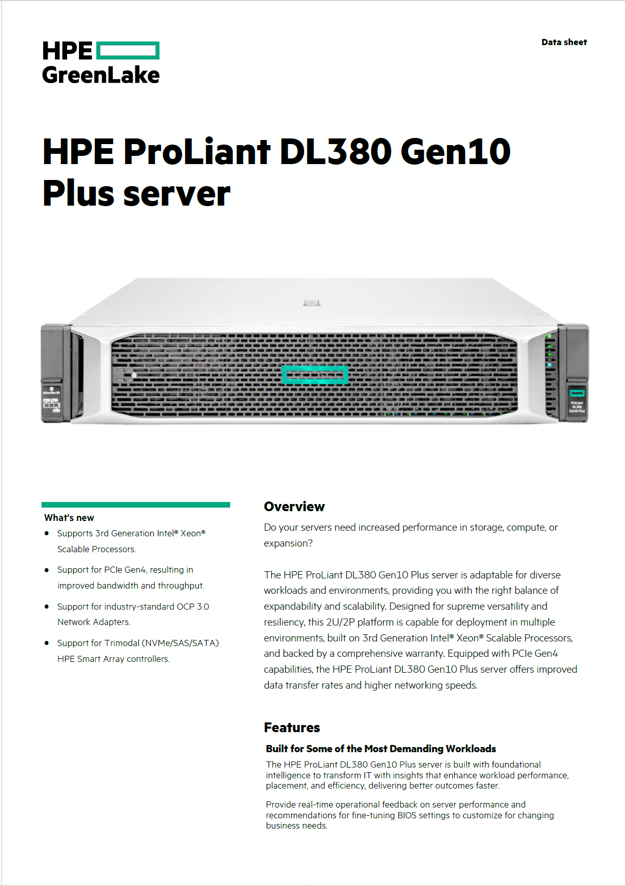 HP ProLiant dl 380 G10+ CPU 2X 2.1GHZ Xeon Gold 6330 28core total 56 Ram 32GB DDR4 , HDD 2X 1.2TB SAS 10K , 2X 800WATT P.S , 4port 1G Ethernet , Railkit .