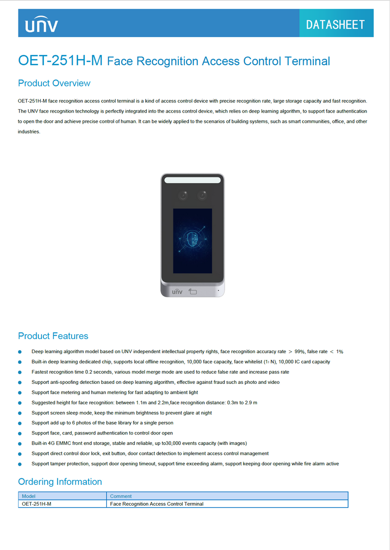 UNV  OET-251H-M Face Recognition Access Control Terminal with High Accuracy and Fast Recognition