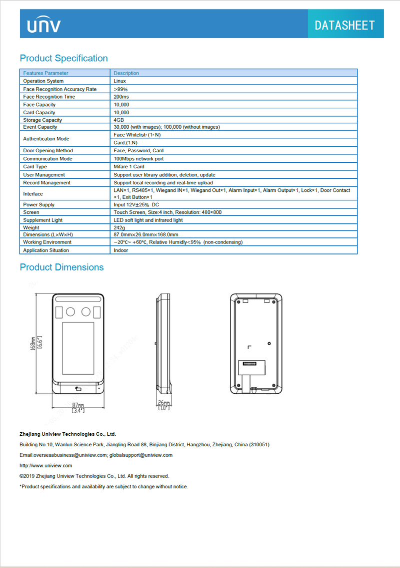 UNV  OET-251H-M Face Recognition Access Control Terminal with High Accuracy and Fast Recognition
