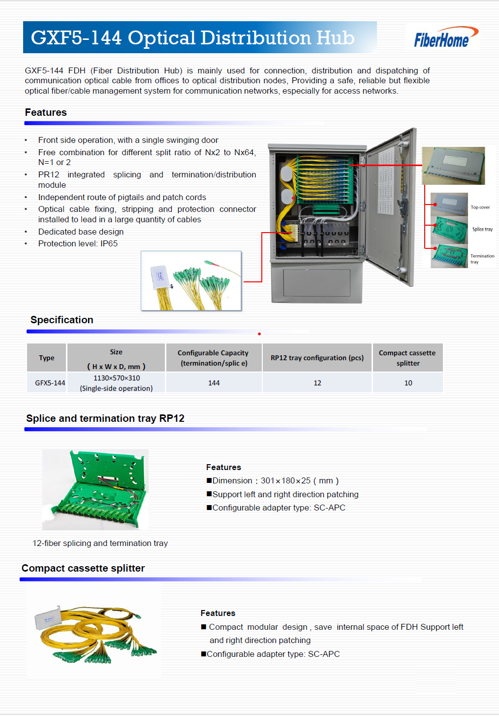 FiberHome GXF5-144 وحدة توزيع ألياف – 144 نواة، درج RP12، SC/APC، جاهز للتقسيم المدمج، IP65، أبعاد 1130×570×310 مم، وصول أمامي