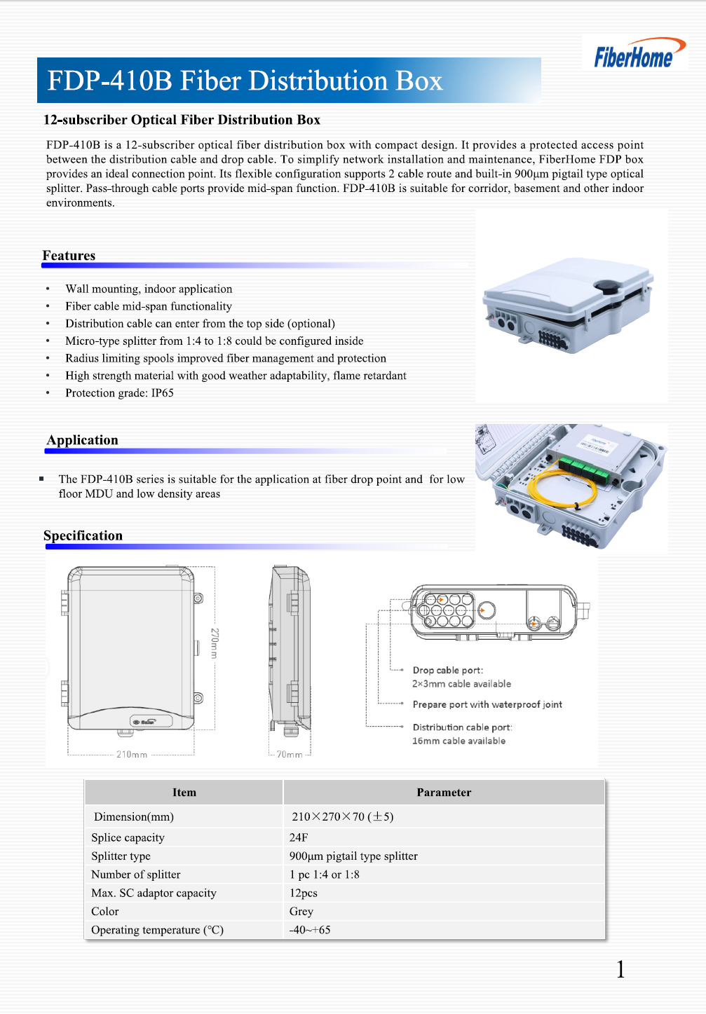 FiberHome FDP-410B Fiber Distribution Box – 24 Fiber Splice Capacity, 1:8 Splitter, Wall-Mount, IP65, Indoor Use, 210×210×70mm