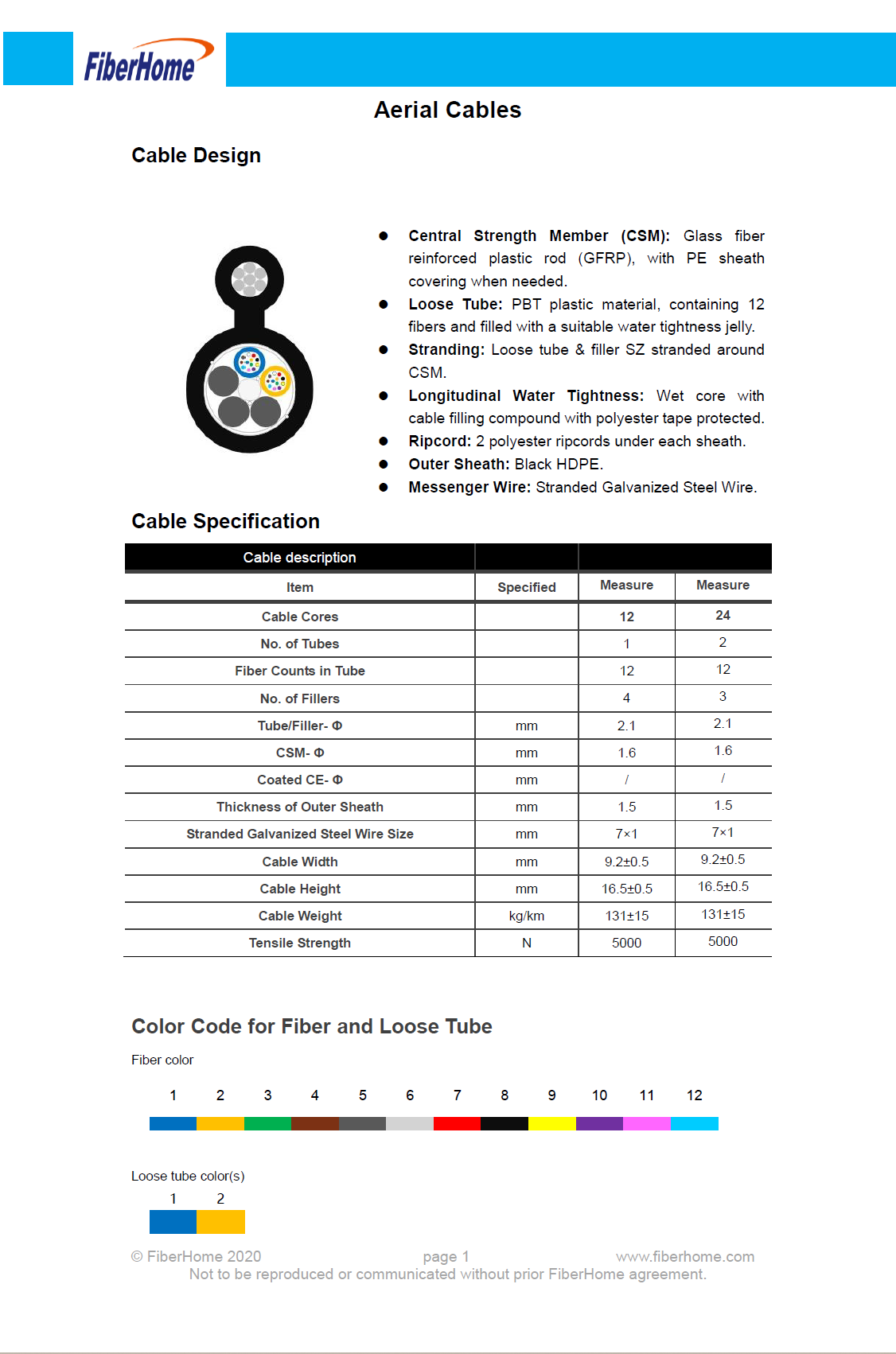 FiberHome 12 Core Figur.8 Optical Cable – G.652D, Black HDPE Sheath, Steel Messenger Wire, PE/GFRP Reinforcement, 5000N Tensile Strength - 4KM