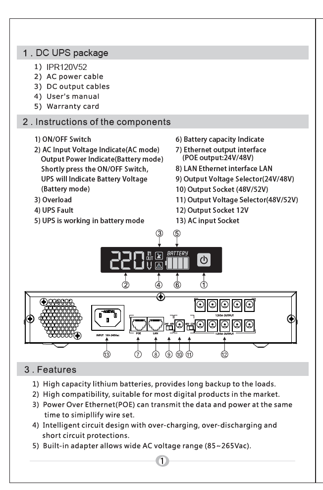 iPower IPR120V52 DC UPS with 4x6000mAh LiFePO4 Battery, 120W Max Output, POE & Multi-Voltage Support (12V/24V/48V/52V)