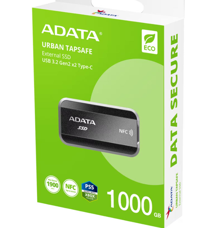 ADATA URBAN TAPSAFE قرص صلب خارجي SSD بسعة 2 تيرابايت، فتح عبر NFC باللمس، قرص SSD محمول، سرعة قراءة/كتابة تصل إلى 1900 ميجابايت/ثانية، USB 3.2 Gen2x2 نوع-C، وصول متعدد المستخدمين، تخزين خارجي آمن لهواتف iPhone وAndroid وأجهزة الكمبيوتر وMac وPS5