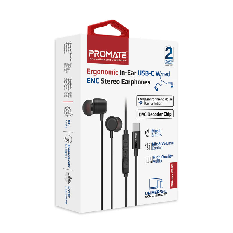 Promate Silken-ENC Ergonomic In-Ear USB-C Wired ENC Stereo Earphones – High-Fidelity Sound, ENC Microphone, Inline Controls