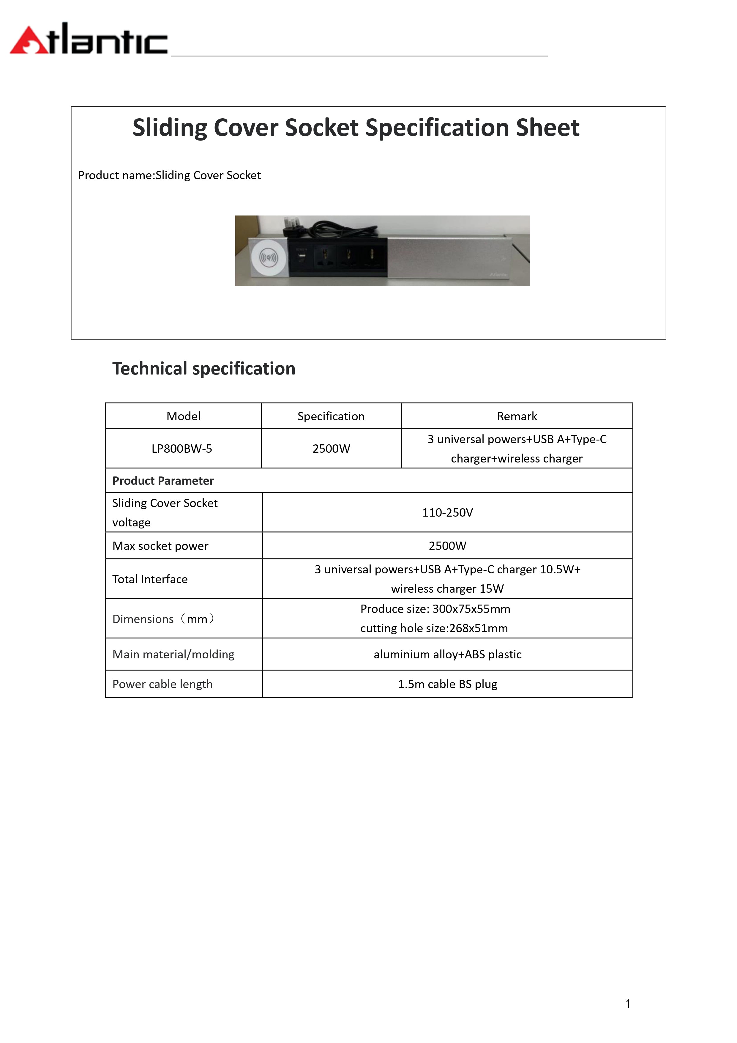 مقبس Atlantic LP800BW-5 بغطاء منزلق - 3 منافذ عالمية، USB-A وType-C، شاحن لاسلكي 15 واط، طاقة قصوى 2500 واط
