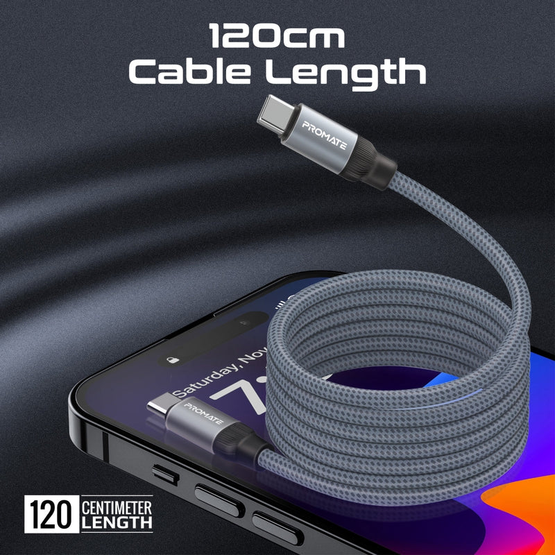Promate Springy 60W Magnetic USB-C Cable – 1.2m, Power Delivery, 480Mbps Data Transfer, Self-Organizing Design, Nylon Braided