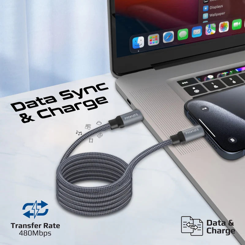 Promate Springy 60W Magnetic USB-C Cable – 1.2m, Power Delivery, 480Mbps Data Transfer, Self-Organizing Design, Nylon Braided