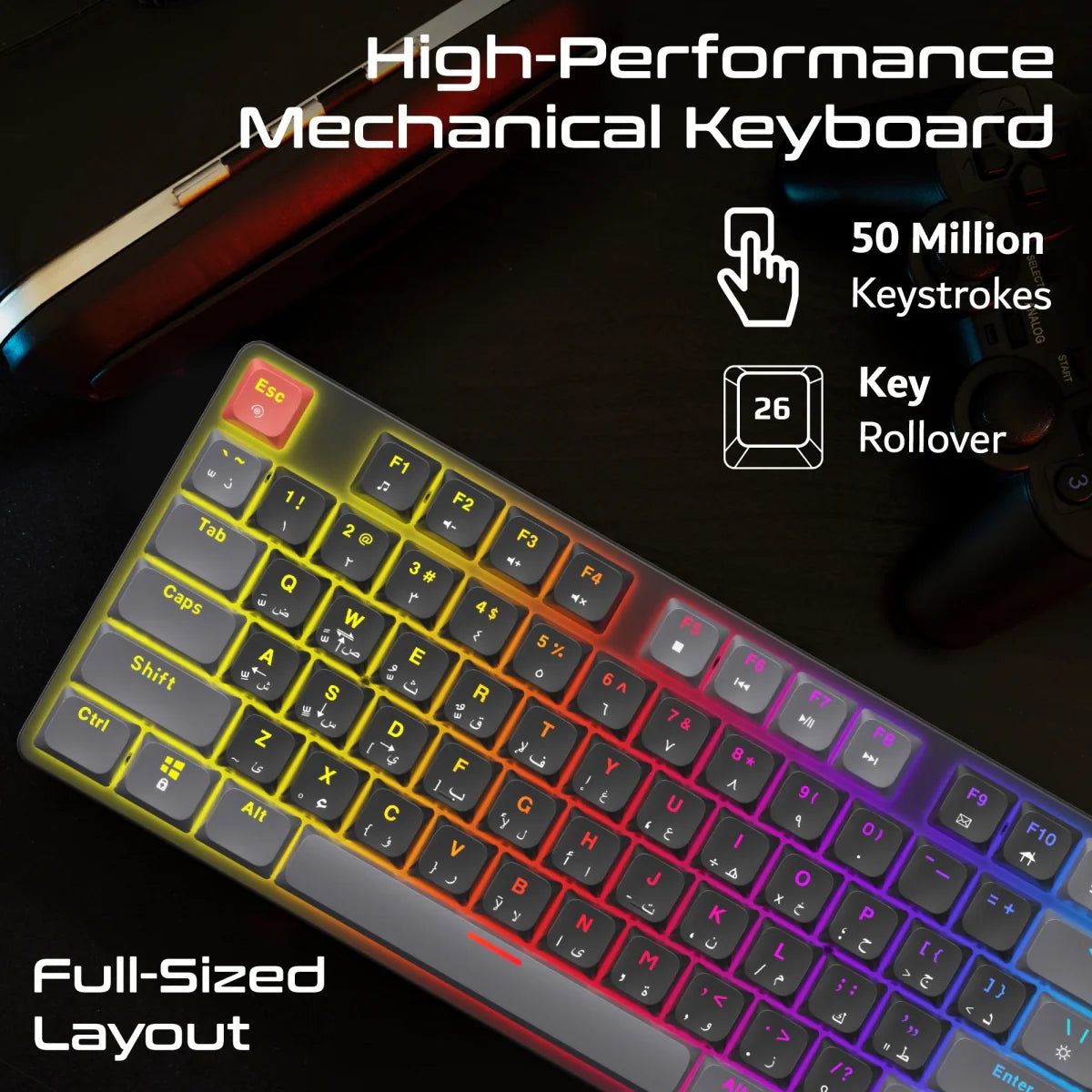 Vertux StealthKey Full‑Size Mechanical Gaming Keyboard – Low‑Profile Red Switches, 17‑Mode RGB, 50M Keystrokes, 26‑Key Anti‑Ghosting