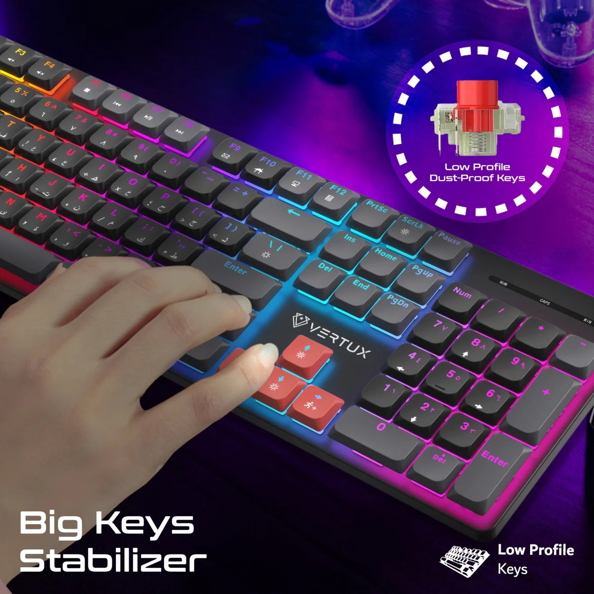 Vertux StealthKey Full‑Size Mechanical Gaming Keyboard – Low‑Profile Red Switches, 17‑Mode RGB, 50M Keystrokes, 26‑Key Anti‑Ghosting