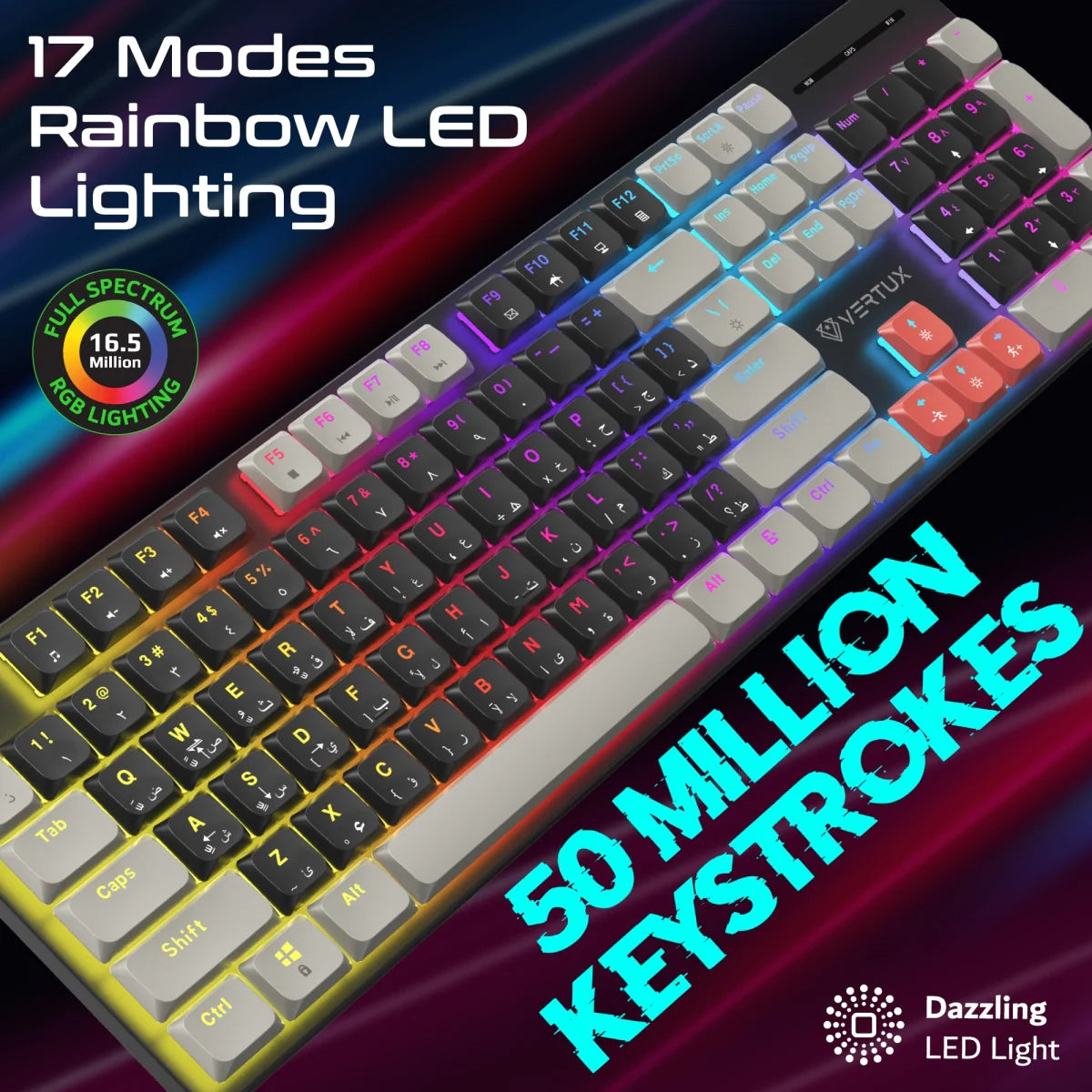 Vertux StealthKey Full‑Size Mechanical Gaming Keyboard – Low‑Profile Red Switches, 17‑Mode RGB, 50M Keystrokes, 26‑Key Anti‑Ghosting